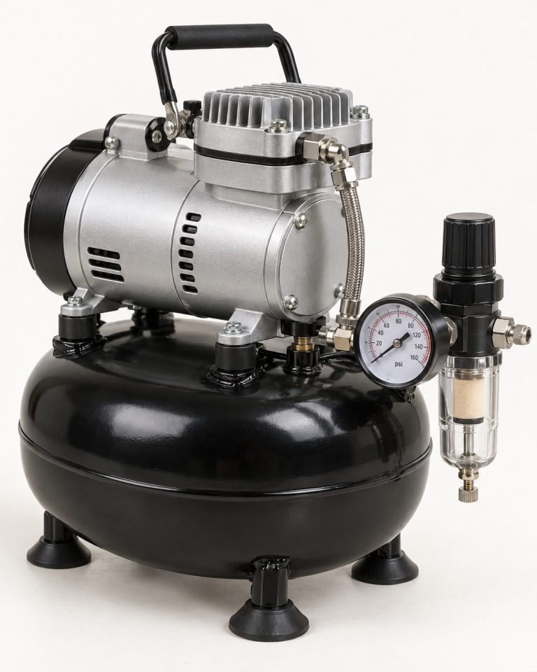 Compressore per aerografo con piccolo serbatoio e regolatore di pressione con filtro anticondensa