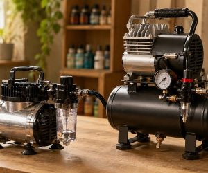 Compressorino da tavolo senza serbatoio accanto a un compressore per aerografo con serbatoio e regolatore di pressione con filtro anticondensa